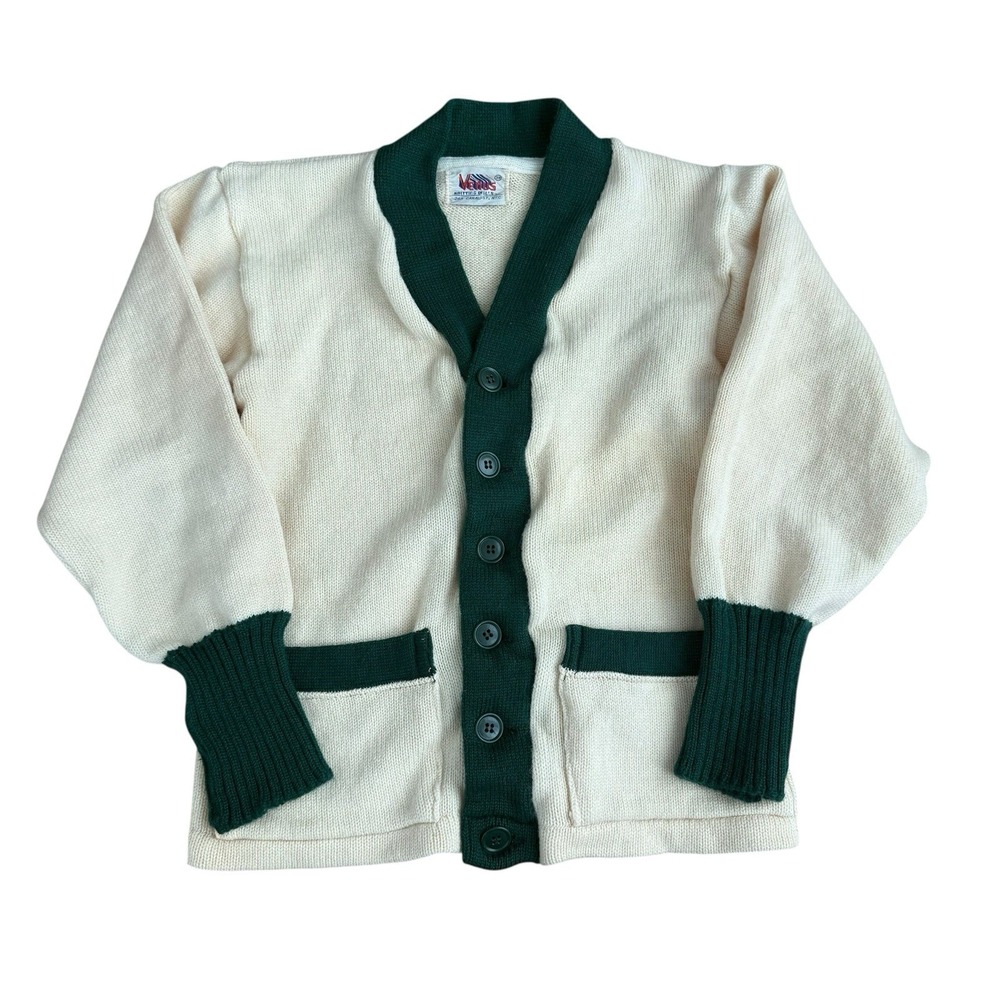 1940s Venus Knitting Mills Cardigan Cream Green NYC Wool Sweater Vintage